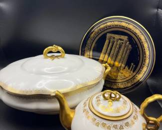 24k Gold Spyropoulos Deco Plate and Limoges Covered Dish & Teapot