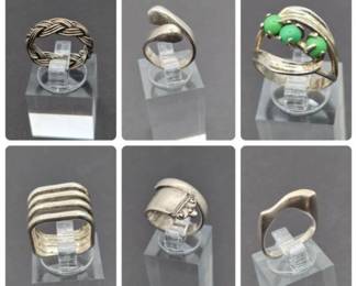 Six Sterling Silver Rings, Sizes 4–7
