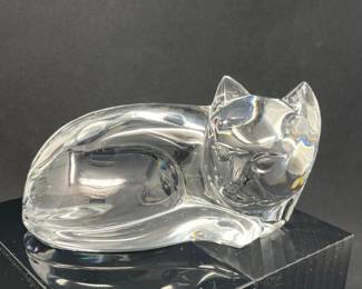 Val Saint‑Lambert Signed Crystal Cat Sculpture — “Des Sousa” Model