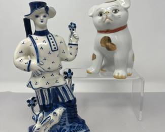 Kutani Puppy & Gzhel Soviet Hunter Ceramic Figurines