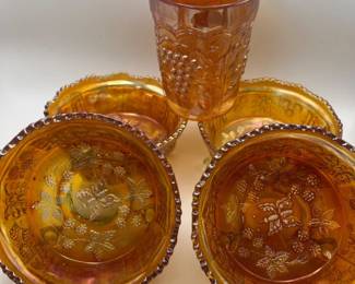 Marigold Carnival Glass — Three Footed Berry Bowls & One Grape‑Pattern