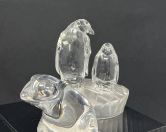 Orrefors Sweden Crystal Frog & Crystal Penguins on Frosted Ice Base