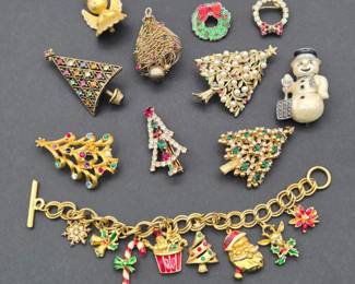 Christmas Pins, Bracelet - Rhinestones: Eisenberg, Hollycraft, Monet