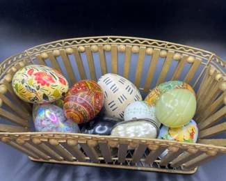 Metal Basket Filled with Hand‑Painted and Natural Stone Eggs