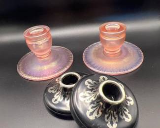 Fenton Velva Rose Stretch Glass & Harvite Black Silver Candle Holders