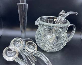 Crystal Pitcher with Ladles & Modernistic Glass Candlestick Holder
