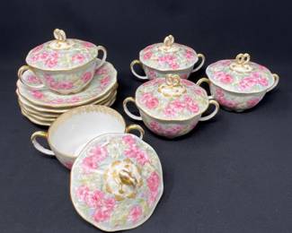 Antique J. Pouyat Limoges Bouillon Set — Five Lidded Cups with Saucers