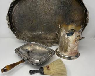 Silverplate Crumb Tray, Brush & Engraved Tableware Set