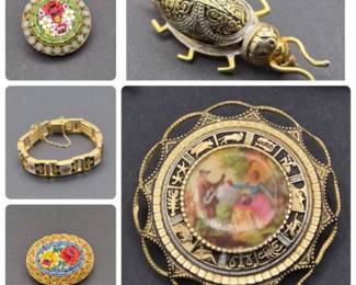 Vintage Damascene & Micro‑Mosaic – Pins, Bracelet