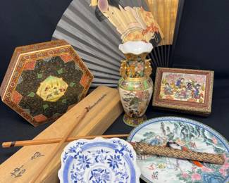 Assorted Asian Items – Satsuma‑Style Vase, Fan, Boxes & More