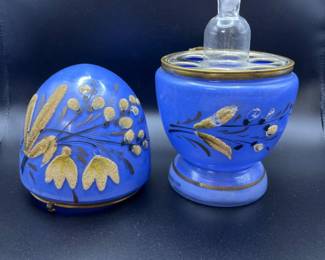 Mid Century Czechoslovakian Hand‑Decorated Cobalt Glass Liquor Egg