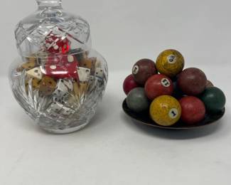 Cut Crystal Dice Jar & Peacock Plate with Vintage Billiard Balls