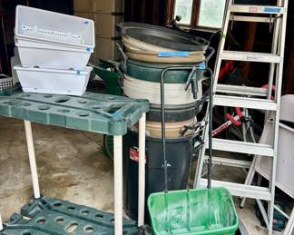 Tool holder $45 scotts grass seeder $39, garbage cans $3ea