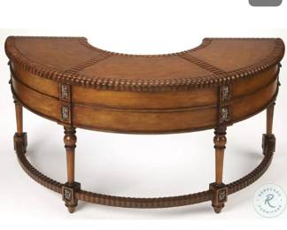 Vntg Horseshoe shaped, carved Wood leather topped with grommet accents desk 60”w x 17.5dx 30”h $950