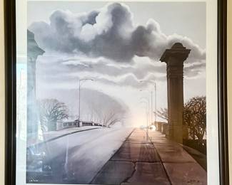 33”sq Gerald Griffin signed, matted, framed “After the Rain” City scene $450