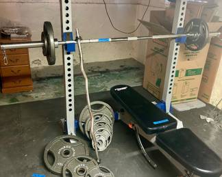 Adjustable Fitness Gear weight bench 54”x 12” x 17.5h w/ 48.5” x 27” x 63”h  Barbell Rack $200; Barbell weights $250