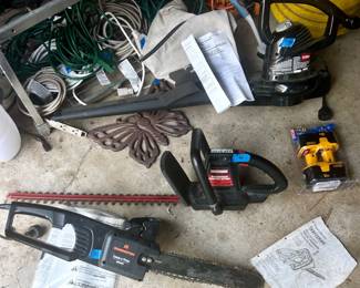 Remington electric branch trimmer $30; Craftsman Electric Bushwacker $60; Toro Blower $45; New Ryobi power tool Battery $45