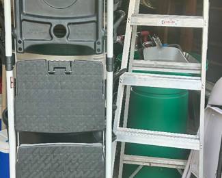 4 step ladder $35, 6’ Aluminum ladder $45