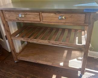 Stainless Top  Rolling Wood Shelf Cart w/ 2 drawers 44”w x 20d x 35.5h $145