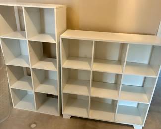 White 8 section Cubbie unit 24”x12”dx48”h $20; 9 Cubbie unit w/ feet 36”wx11.5dx38.5h $25