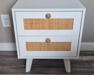 White Bedside Nightstand with Woven Panels