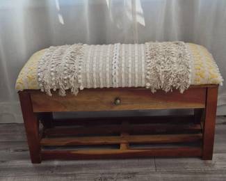 Boho Acacia Storage Bench with Dhurrie‑Style Upholstered Top