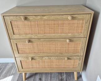 Tan Three‑Drawer Dresser with Woven Panels