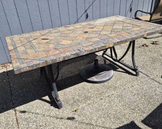 Tile‑Top Iron Patio Table with Umbrella Opening (Read)