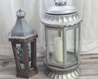 Decorative Wood & Metal Lantern Duo with Six‑Pane Glass
