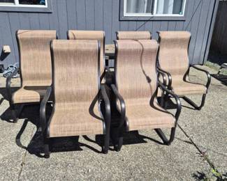 Six Aluminum & Tan Mesh-Back Patio Chairs