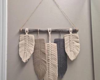 Macramé Wall Art with Five Woven Feathers on Rustic Wood Pole