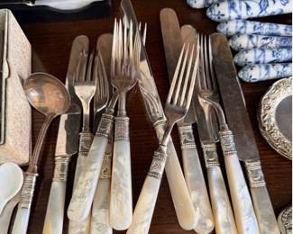 Sterling silver mounted mother of pearl flatware