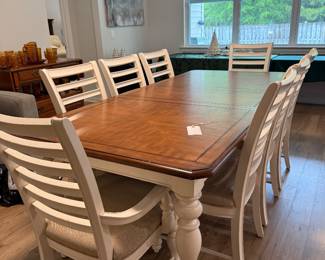 Farmhouse dining table with 6 side chairs and 2 Arm chairs