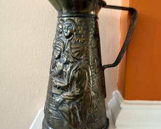 Vintage 3D Brass Embossed Pub Scene Pitcher Made In England Nice Patina Buy it now $18