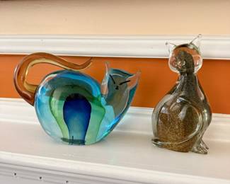 Gold Fleck Cat Figurine. GCA Art Glass $12, Vintage Large Sommerso Glass Cat Sculpture, Blue, Green & Yellow Art Glass Figure Paperweight, Murano Style Multicolor Cat Figurine $38