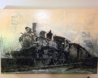 Signed Mixed Media Train Painting 