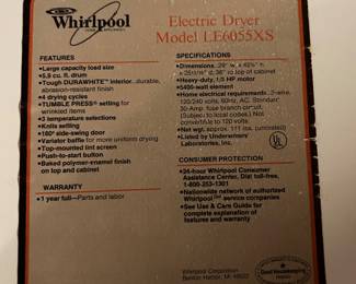 WHIRLPOOL ELECTRIC DRYER