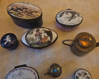 A bunch of 18th c snuff and patch boxes in hand painted enamel, a tiny copper teapot for a doll house, a sterling Navajo teapot with turquoise cabachon top, necklace piece from 1900.