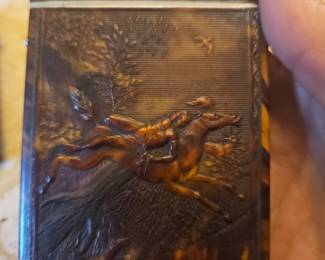 Incredible celluloid 19th c match safe in amazing like new condition with horse and figure on both sides, 19th c