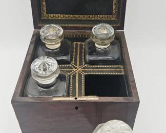 Beautiful box with green leather and gilt stamped lining with smaller set of 4 decanter. Complete and in amazing condition! Wow!!!