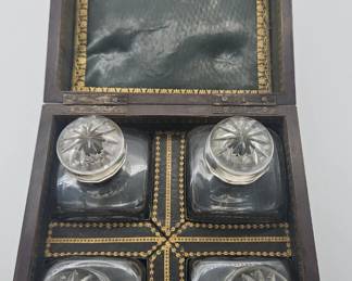 Beautiful box with green leather and gilt stamped lining with smaller set of 4 decanter. Complete and in amazing condition! Wow!!!