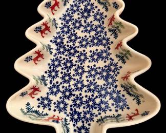 Polish Pottery Christmas Tree Dish Hand Made in Poland Boleslawiec 9 1/2” x 7”