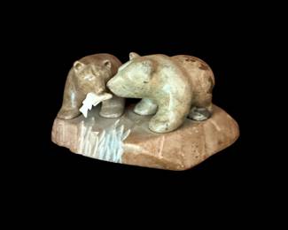 Douglas Creek Sculpture Co. BEAR  WITH FISH   The fish is made out of horn harvested by the artist, Wendy Hook. The bear are made of soapstone.
