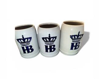 3 HB Hofbrau German Handarbeit Ceramic Stoneware .5L Beer Stein Mugs