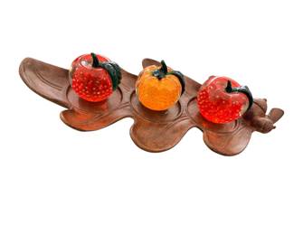 Vintage LENOX ArtGlass "Orchard Glory" Red Apple PAPERWEIGHT Controlled Bubbles On cast iron leaf