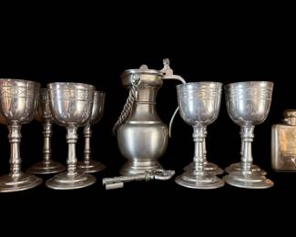 Sheffield pewter wine goblets and lidded pitcher
