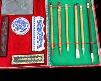 Chinese calligraphy set brush, pen ink  Porcelain Qingtian Chops Inkstone
