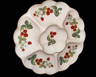 ROYAL WORCESTER 1996 STRAWBERRIES ROUND DIVIDED SERVING DISH TRAY GOLD TRIM