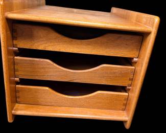 Danish Teak 3 Drawer Paper Tray Desktop Organizer Letter Holder Caddy Mid Century Modern MCM 1970s Scandinavian 