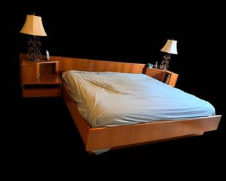 MCM teak king bed with floating bedside tables/drawers on each under side of bed